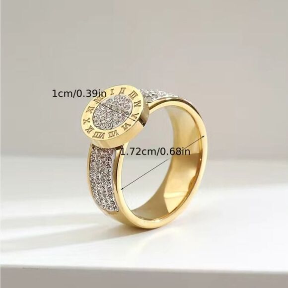 Stainless Steel 14K Golden Plated Numerals Inlaid Lab Diamond Luxury Ring Size 7 - Picture 4 of 6